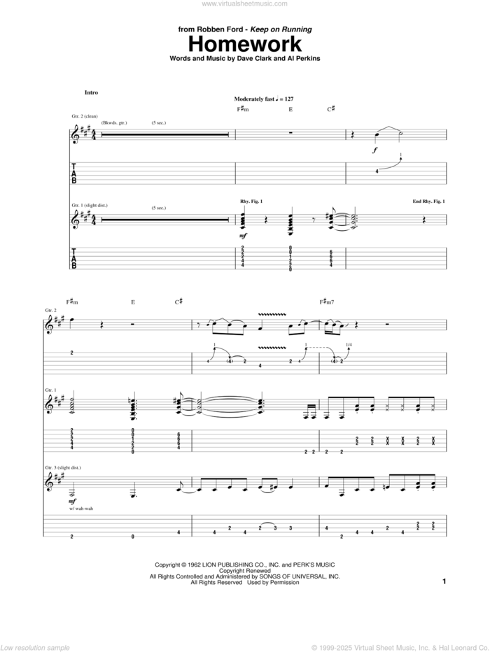 Homework sheet music for guitar (tablature) by Robben Ford, Al Perkins, Dave Clark and Otis Rush, intermediate skill level