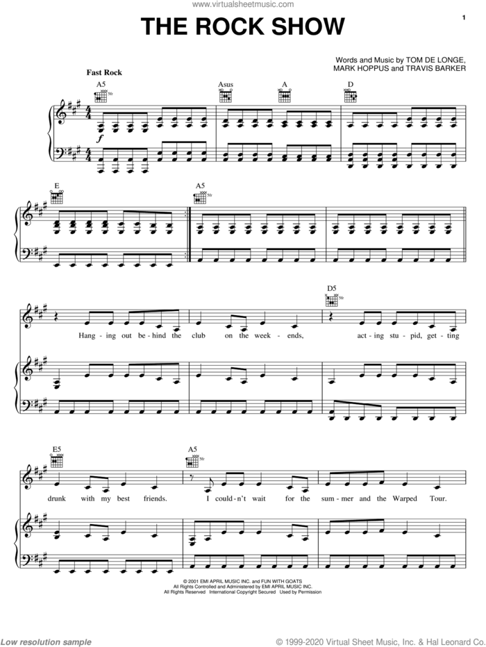 The Rock Show sheet music for voice, piano or guitar by Blink-182, Mark Hoppus, Tom DeLonge and Travis Barker, intermediate skill level