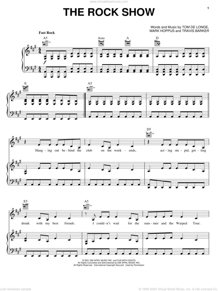 The Rock Show sheet music for voice, piano or guitar by Blink-182, Mark Hoppus, Tom DeLonge and Travis Barker, intermediate skill level