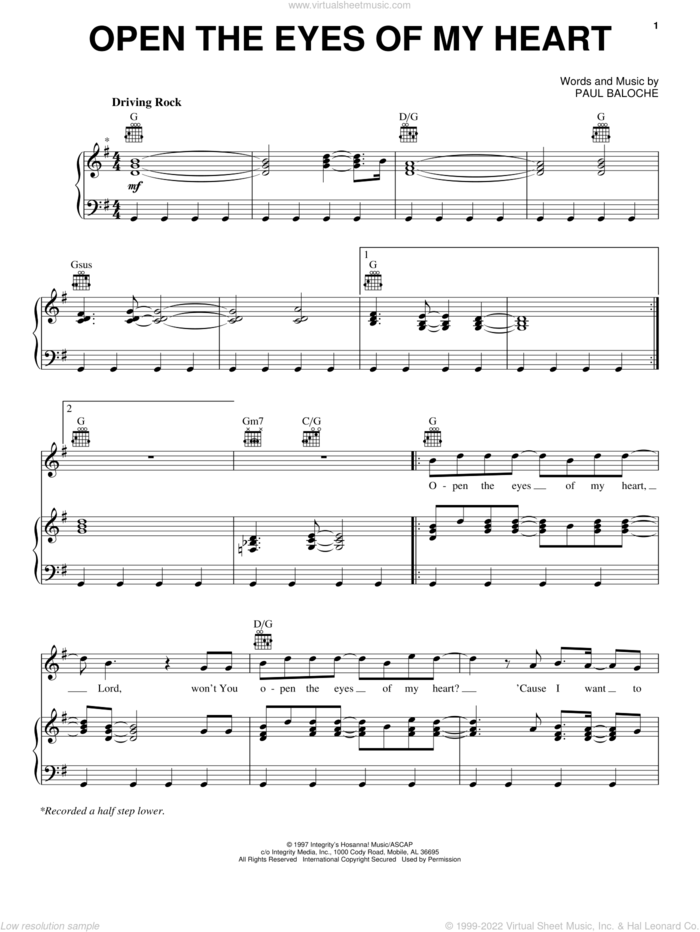 Open The Eyes Of My Heart sheet music for voice, piano or guitar by Paul Baloche and Sonicflood, intermediate skill level