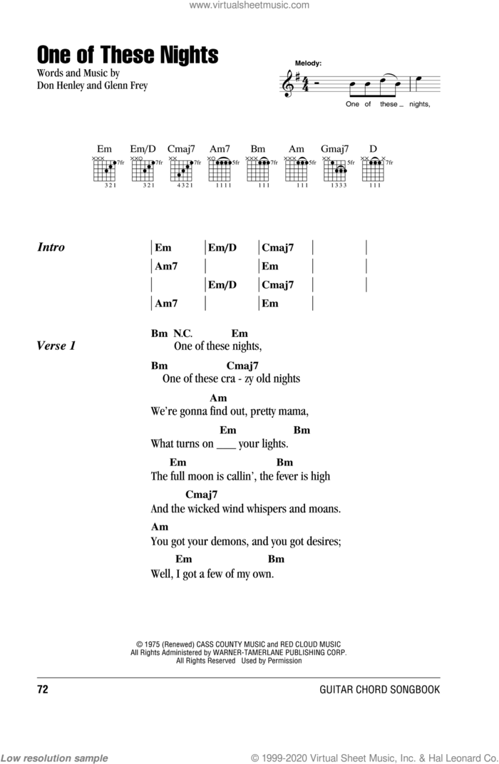 One Of These Nights sheet music for guitar (chords) by The Eagles, Don Henley and Glenn Frey, intermediate skill level