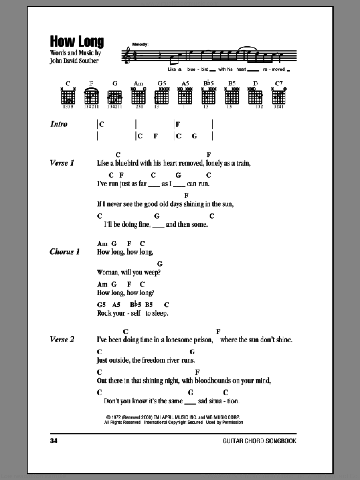 How Long sheet music for guitar (chords) by The Eagles and John David Souther, intermediate skill level