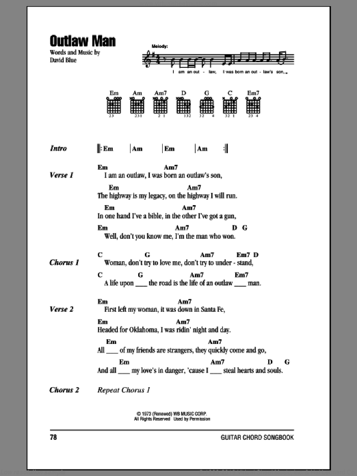 Outlaw Man sheet music for guitar (chords) by The Eagles and David Blue, intermediate skill level