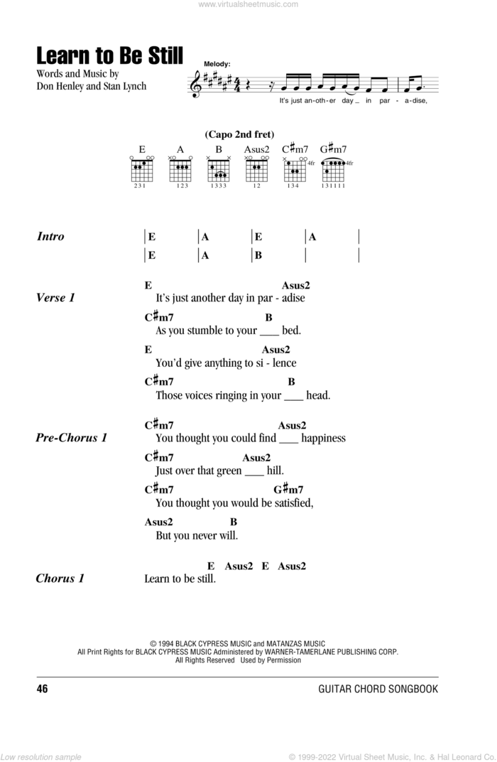 Learn To Be Still sheet music for guitar (chords) by The Eagles, Don Henley and Stan Lynch, intermediate skill level