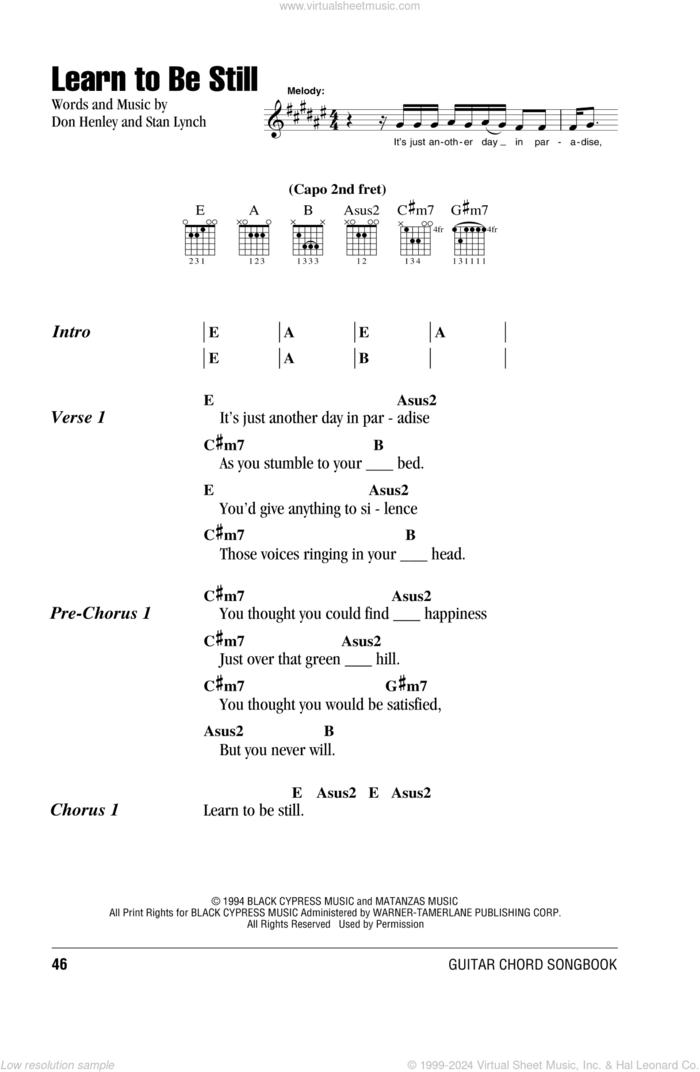 Learn To Be Still sheet music for guitar (chords) by The Eagles, Don Henley and Stan Lynch, intermediate skill level