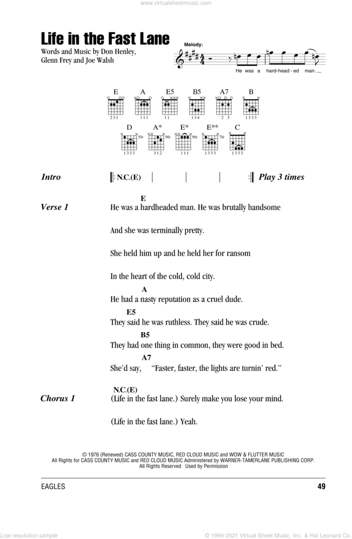 Life In The Fast Lane sheet music for guitar (chords) by The Eagles, Don Henley, Glenn Frey and Joe Walsh, intermediate skill level