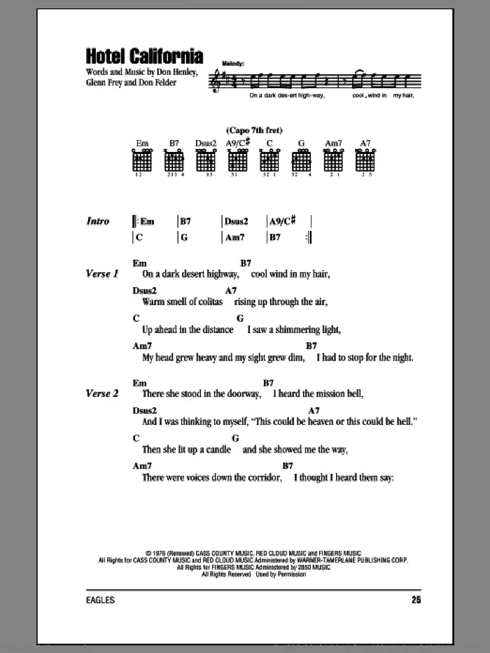 Hotel California sheet music for guitar (chords) by The Eagles, Don Felder, Don Henley and Glenn Frey, intermediate skill level