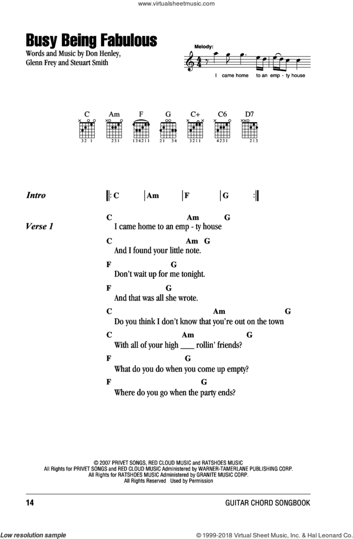 Busy Being Fabulous sheet music for guitar (chords) by The Eagles, Don Henley, Glenn Frey and Steuart Smith, intermediate skill level
