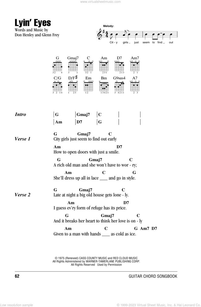 Lyin' Eyes sheet music for guitar (chords) by The Eagles, Don Henley and Glenn Frey, intermediate skill level