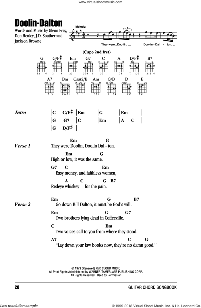 Doolin-Dalton sheet music for guitar (chords) by The Eagles, Don Henley, Glenn Frey, Jackson Browne and John David Souther, intermediate skill level