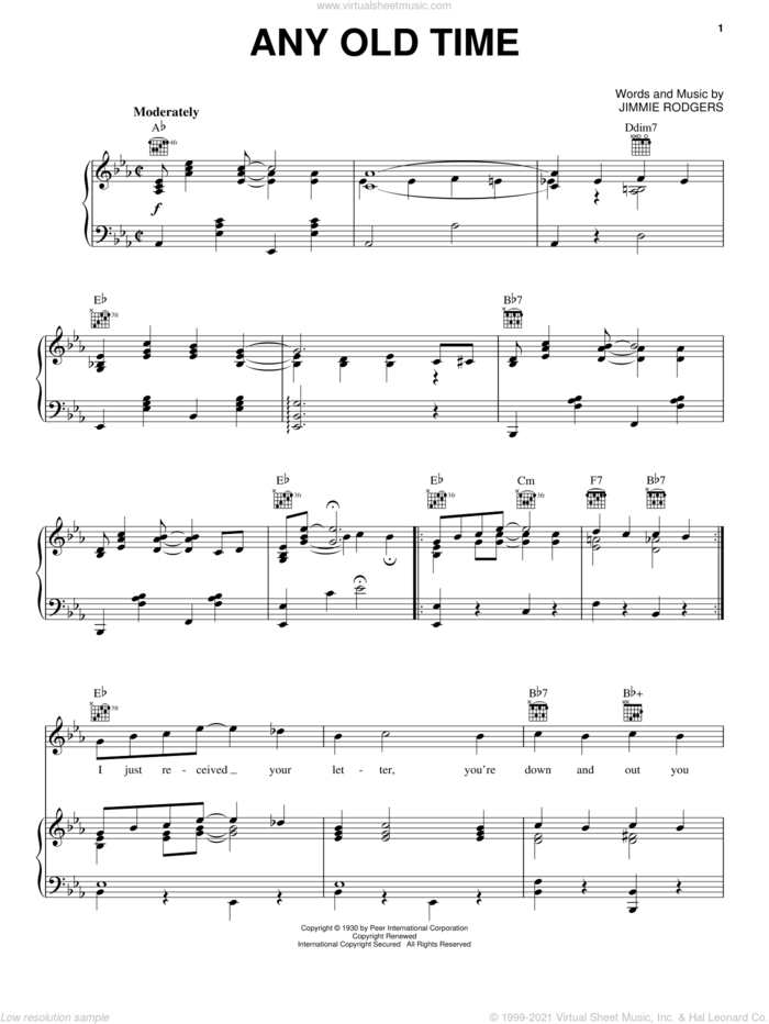 Any Old Time sheet music for voice, piano or guitar by Jimmie Rodgers and Webb Pierce, intermediate skill level