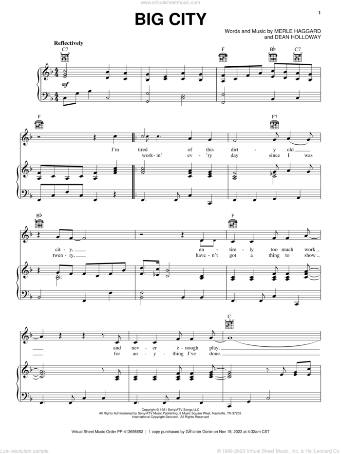 Big City sheet music for voice, piano or guitar by Merle Haggard and Dean Holloway, intermediate skill level