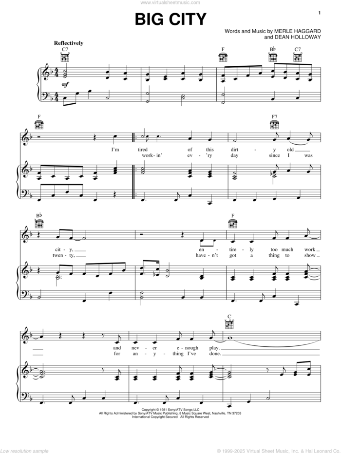 Big City sheet music for voice, piano or guitar by Merle Haggard and Dean Holloway, intermediate skill level