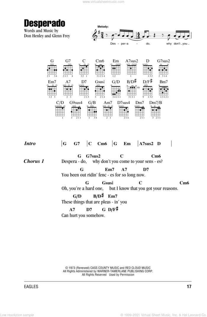 Desperado sheet music for guitar (chords) by The Eagles, Don Henley and Glenn Frey, intermediate skill level