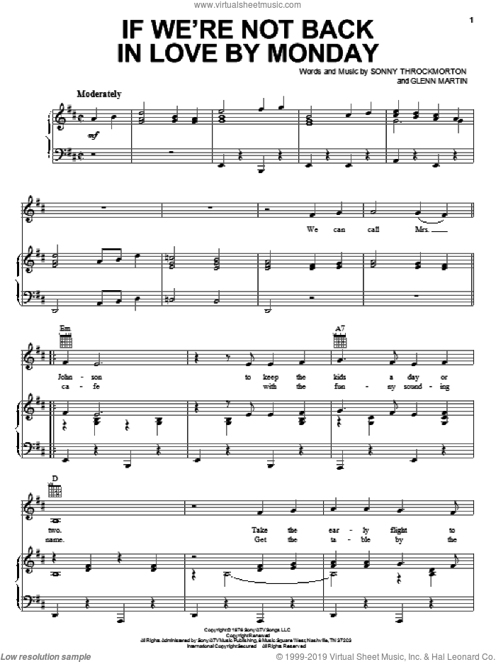 If We're Not Back In Love By Monday sheet music for voice, piano or guitar by Merle Haggard, Glenn Martin and Sonny Throckmorton, intermediate skill level