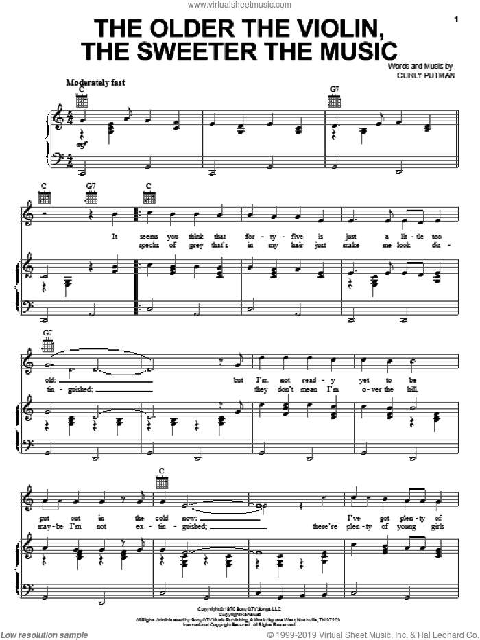 The Older The Violin, The Sweeter The Music sheet music for voice, piano or guitar by Hank Thompson and Curly Putman, intermediate skill level