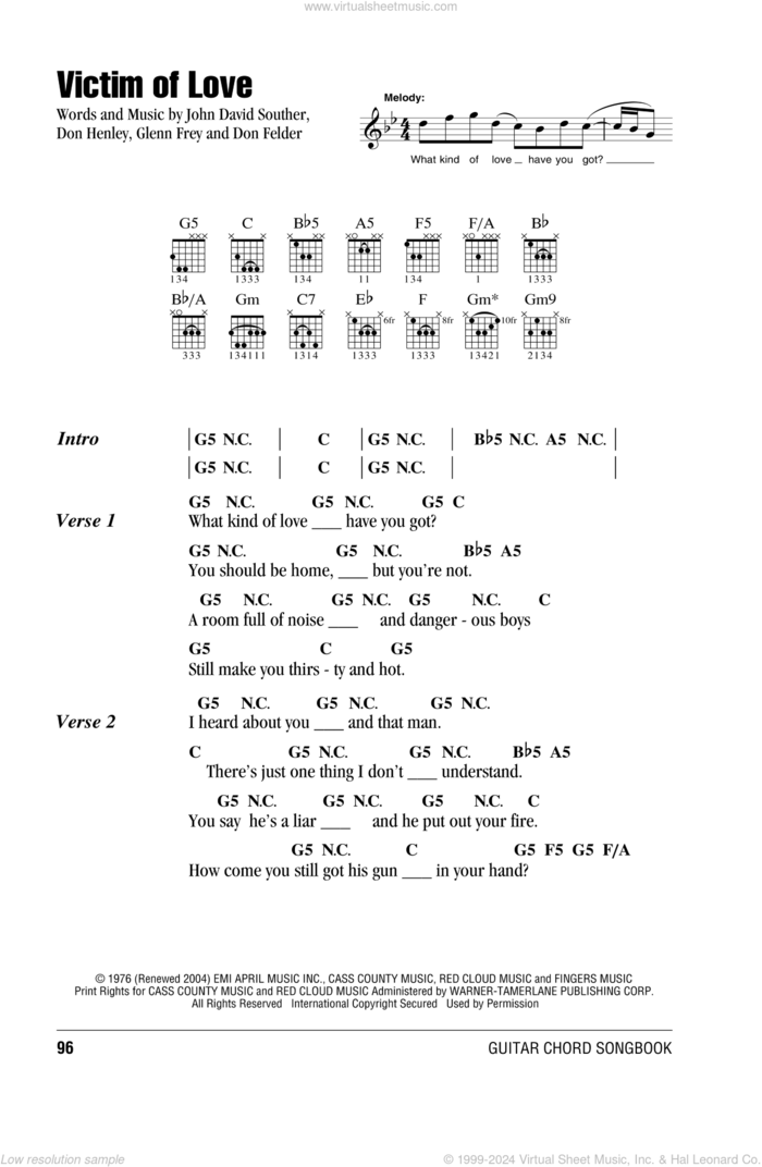 Victim Of Love sheet music for guitar (chords) by The Eagles, Don Felder, Don Henley, Glenn Frey and John David Souther, intermediate skill level