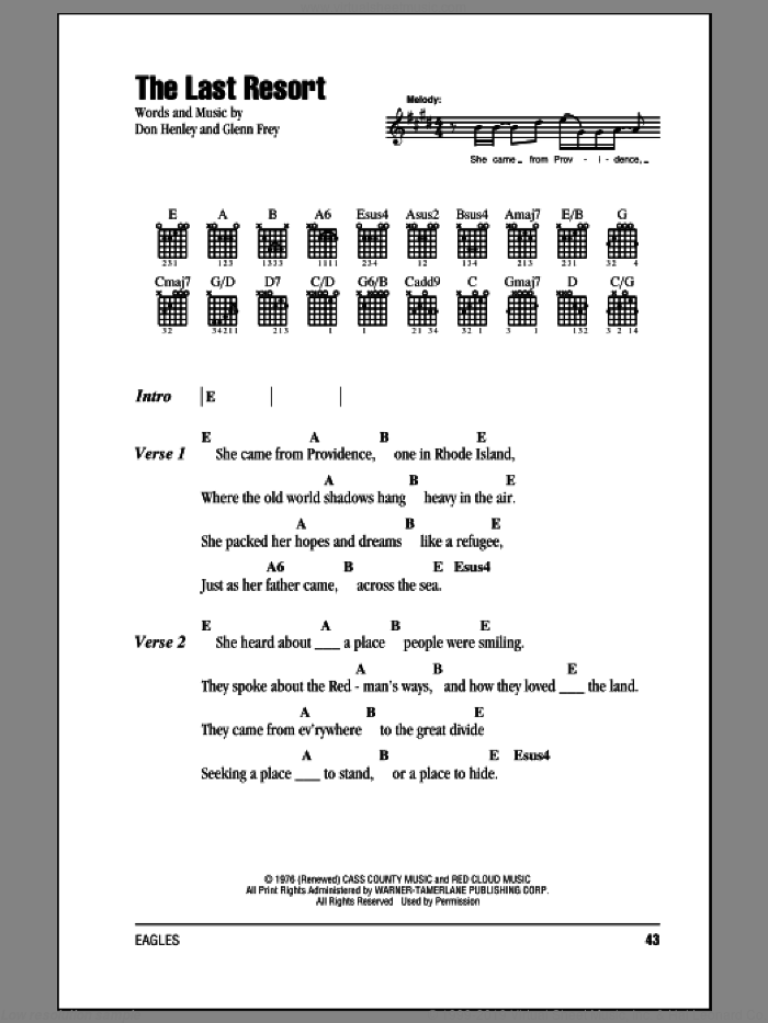 The Last Resort sheet music for guitar (chords) by The Eagles, Don Henley and Glenn Frey, intermediate skill level