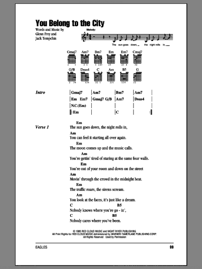 You Belong To The City sheet music for guitar (chords) by The Eagles, Glenn Frey and Jack Tempchin, intermediate skill level
