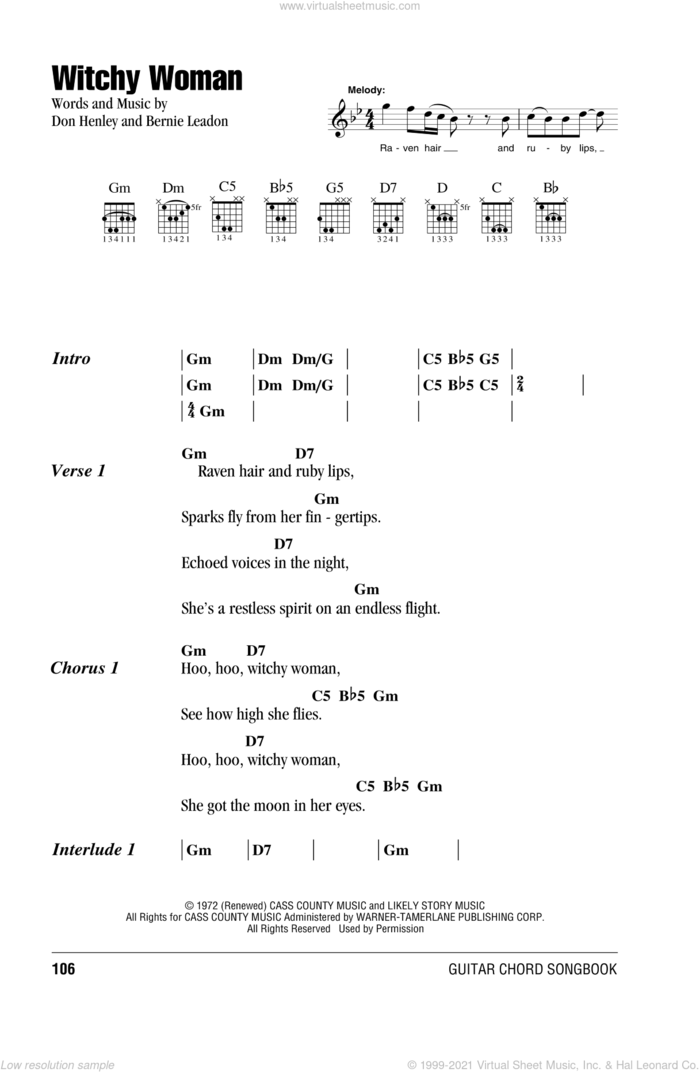 Witchy Woman sheet music for guitar (chords) by The Eagles, Bernie Leadon and Don Henley, intermediate skill level