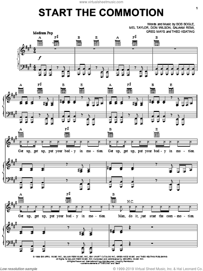 Start The Commotion sheet music for voice, piano or guitar by The Wiseguys, Bob Bogle, Don Wilson and Greg Mays, intermediate skill level
