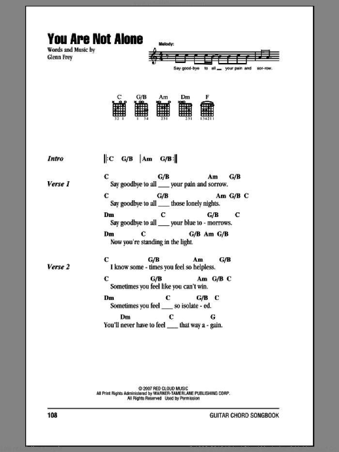 You Are Not Alone sheet music for guitar (chords) by The Eagles and Glenn Frey, intermediate skill level