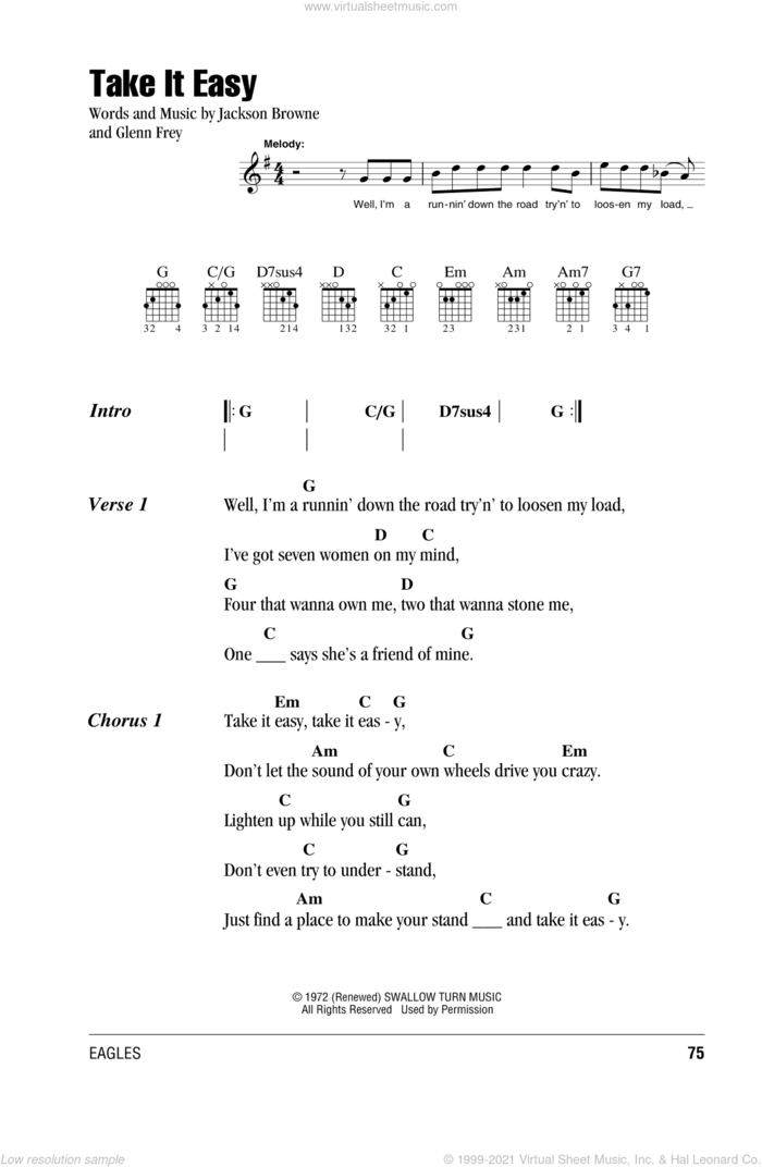 Take It Easy sheet music for guitar (chords) by The Eagles, Glenn Frey and Jackson Browne, intermediate skill level