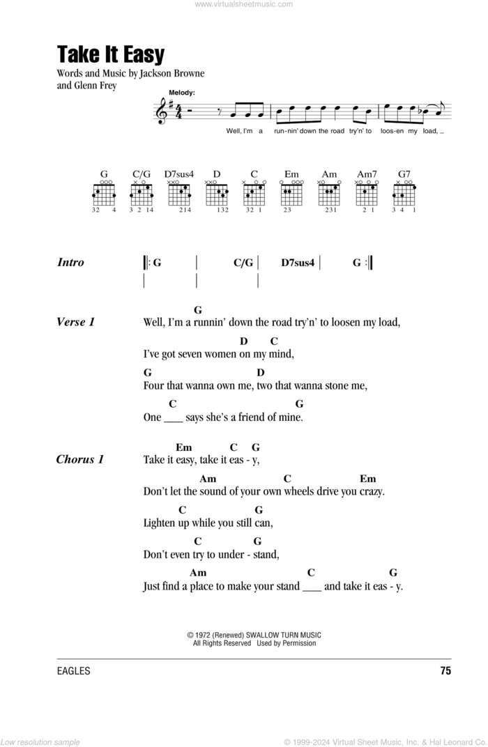 Take It Easy sheet music for guitar (chords) by The Eagles, Glenn Frey and Jackson Browne, intermediate skill level