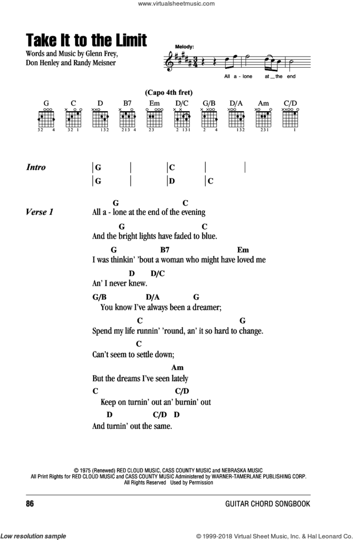 Take It To The Limit sheet music for guitar (chords) by The Eagles, Don Henley, Glenn Frey and Randy Meisner, intermediate skill level