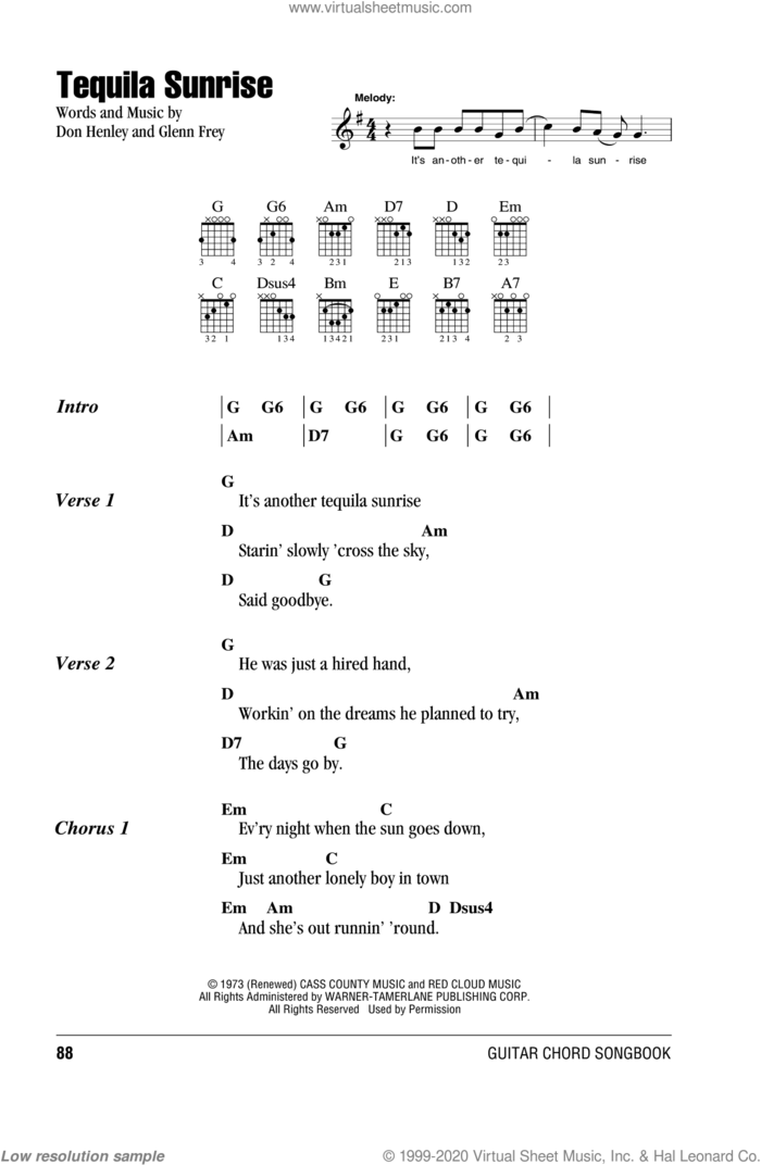 Tequila Sunrise sheet music for guitar (chords) by The Eagles, Don Henley and Glenn Frey, intermediate skill level