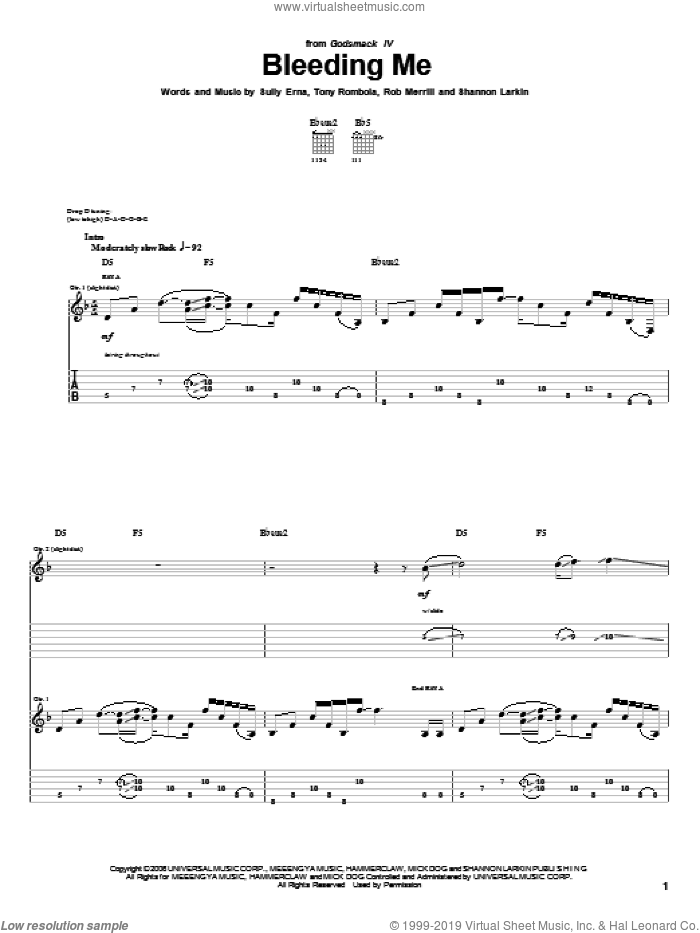 Bleeding Me sheet music for guitar (tablature) by Godsmack, Rob Merrill, Shannon Larkin, Sully Erna and Tony Rombola, intermediate skill level