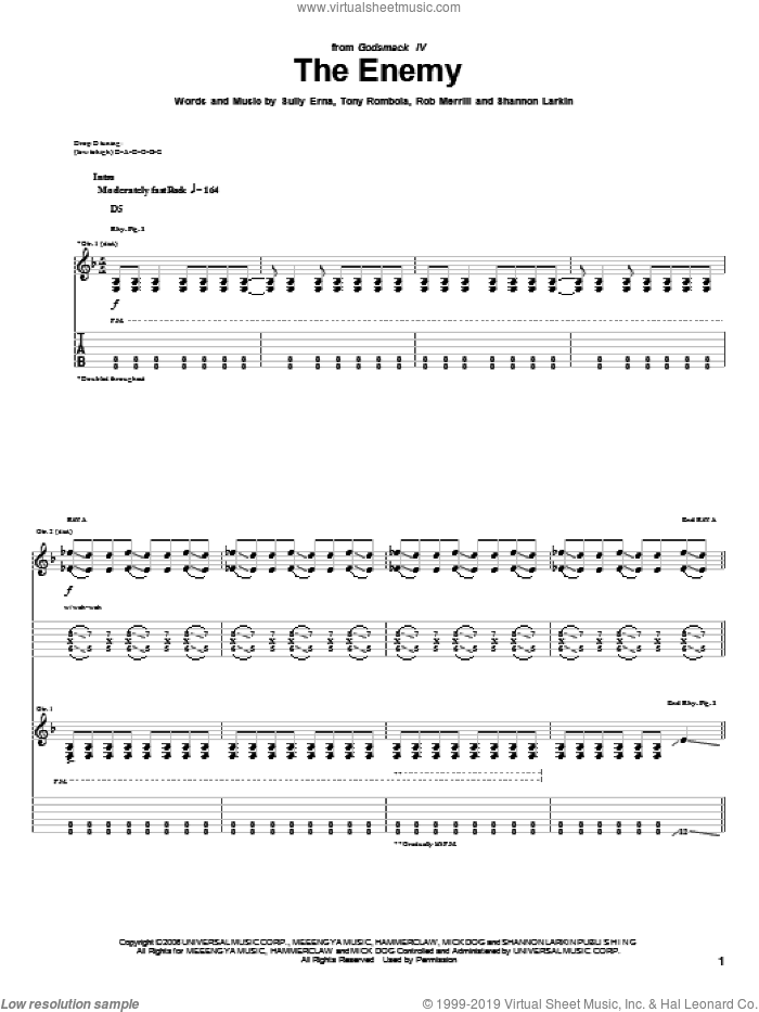 The Enemy sheet music for guitar (tablature) by Godsmack, Rob Merrill, Shannon Larkin, Sully Erna and Tony Rombola, intermediate skill level