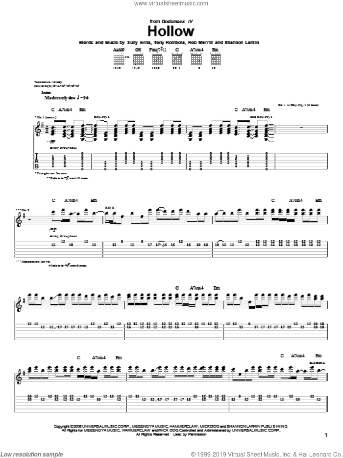 Hollow sheet music for guitar (tablature) by Godsmack, Rob Merrill, Shannon Larkin, Sully Erna and Tony Rombola, intermediate skill level