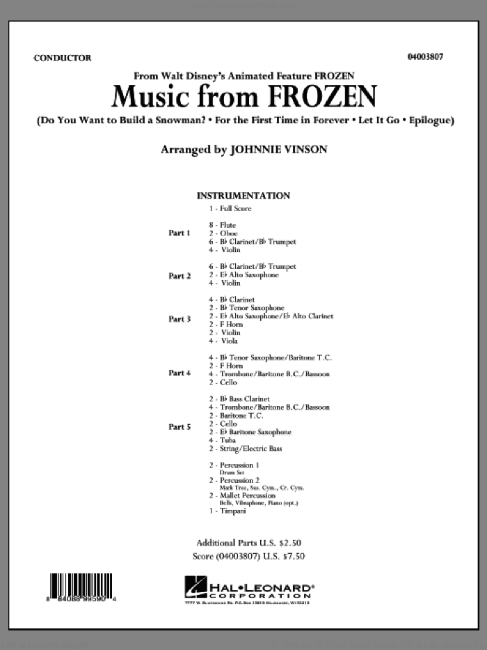 Music from 'Frozen' (COMPLETE) sheet music for concert band by Johnnie Vinson, intermediate skill level