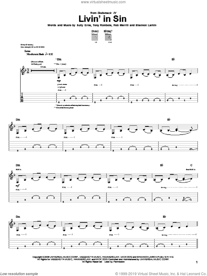 Livin' In Sin sheet music for guitar (tablature) by Godsmack, Rob Merrill, Shannon Larkin, Sully Erna and Tony Rombola, intermediate skill level