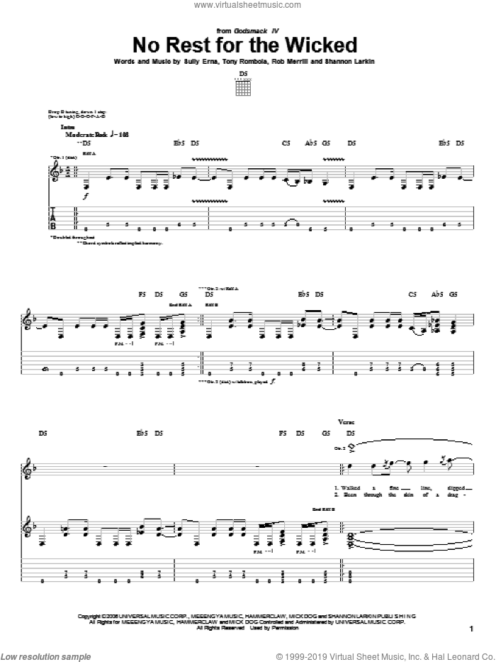 No Rest For The Wicked sheet music for guitar (tablature) by Godsmack, Rob Merrill, Shannon Larkin, Sully Erna and Tony Rombola, intermediate skill level