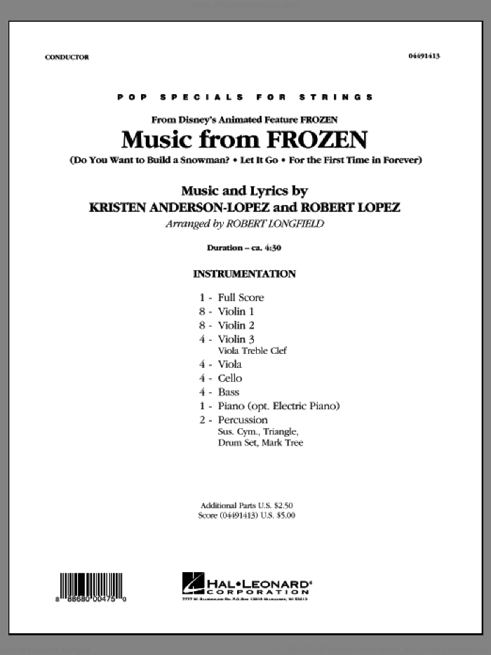 Music from Frozen (COMPLETE) sheet music for orchestra by Robert Lopez, Kristen Anderson-Lopez and Robert Longfield, intermediate skill level