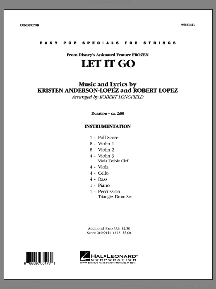 Let It Go (from Frozen) (COMPLETE) sheet music for orchestra by Kristen Anderson-Lopez, Idina Menzel, Robert Longfield and Robert Lopez, intermediate skill level