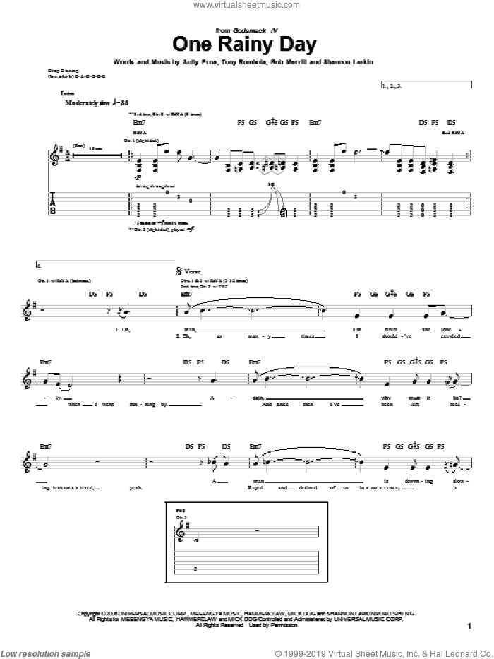 One Rainy Day sheet music for guitar (tablature) by Godsmack, Rob Merrill, Shannon Larkin, Sully Erna and Tony Rombola, intermediate skill level
