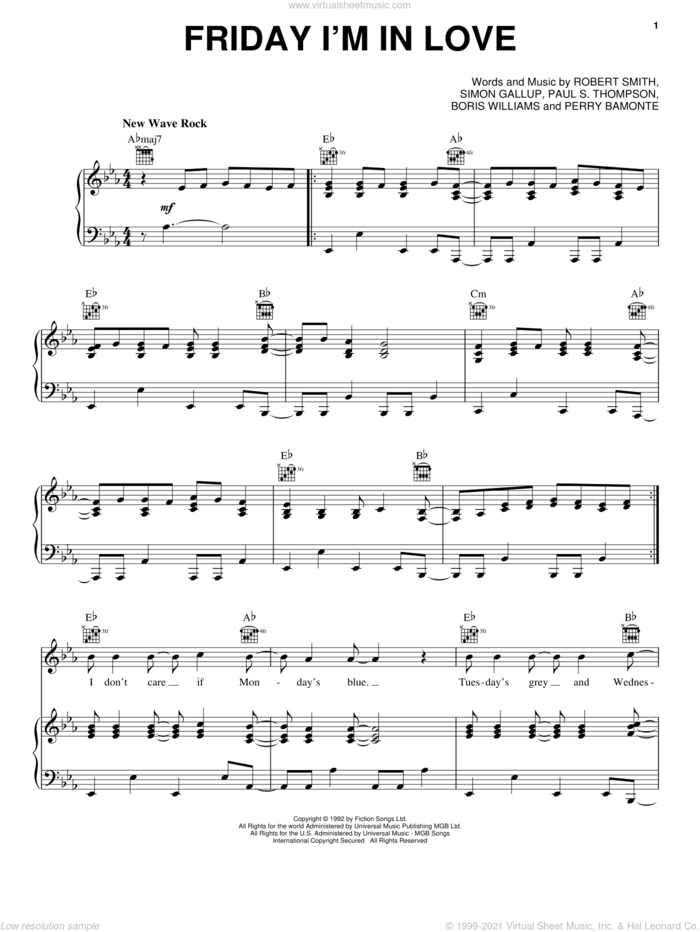 Friday I'm In Love sheet music for voice, piano or guitar by The Cure, Boris Williams, Paul S. Thompson, Perry Bamonte, Robert Smith and Simon Gallup, intermediate skill level