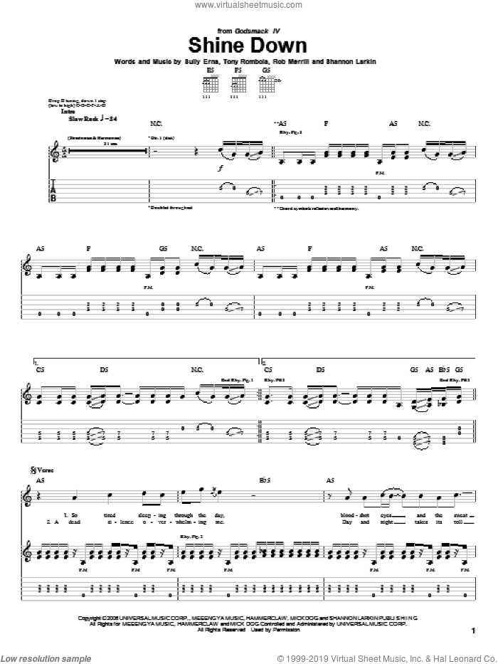 Shine Down sheet music for guitar (tablature) by Godsmack, Rob Merrill, Shannon Larkin, Sully Erna and Tony Rombola, intermediate skill level