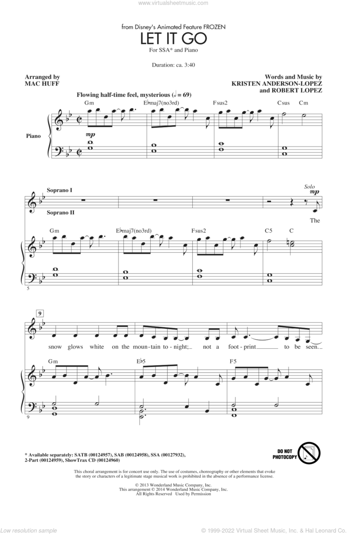 Let It Go (from Frozen) (arr. Mac Huff) sheet music for choir (SSA: soprano, alto) by Robert Lopez, Kristen Anderson-Lopez, Idina Menzel and Mac Huff, intermediate skill level