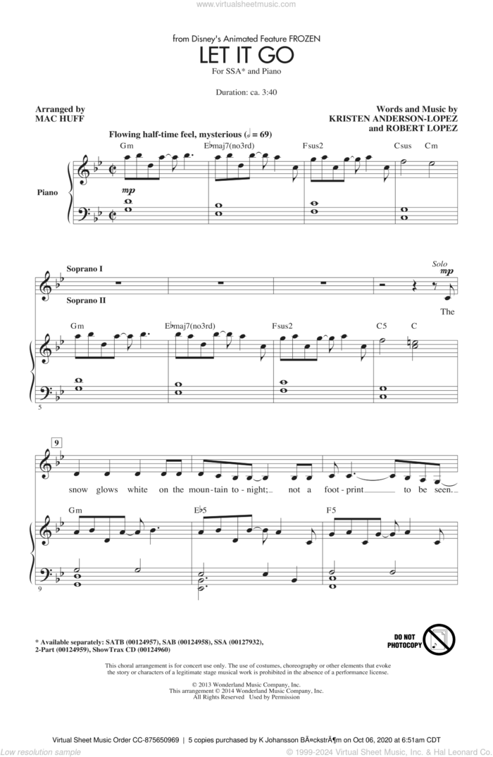 Let It Go (from Frozen) (arr. Mac Huff) sheet music for choir (SSA: soprano, alto) by Robert Lopez, Kristen Anderson-Lopez, Idina Menzel and Mac Huff, intermediate skill level