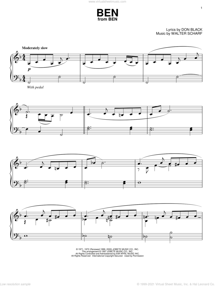 Ben sheet music for piano solo by Michael Jackson, Don Black and Walter Scharf, intermediate skill level