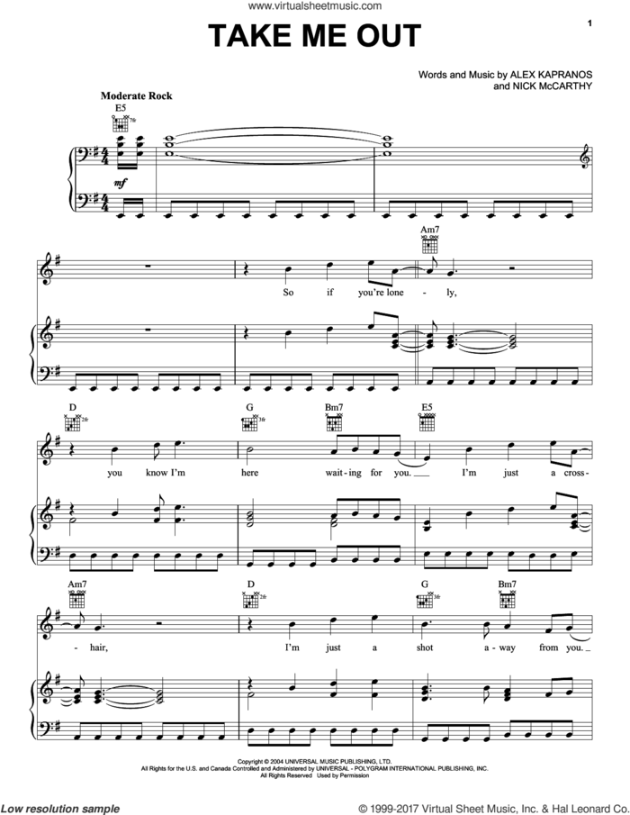 Take Me Out sheet music for voice, piano or guitar by Franz Ferdinand, Alex Kapranos and Nicholas McCarthy, intermediate skill level