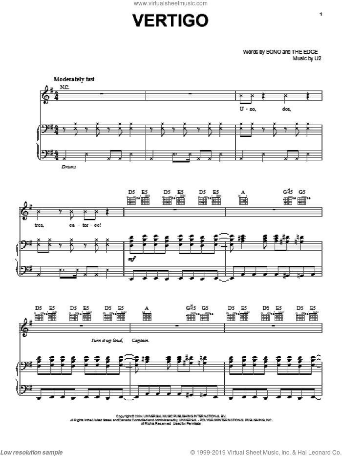Vertigo sheet music for voice, piano or guitar by U2, Bono and The Edge, intermediate skill level