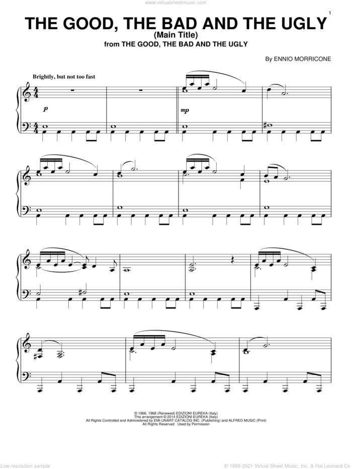 The Good, The Bad And The Ugly (Main Title), (intermediate) sheet music for piano solo by Ennio Morricone, classical score, intermediate skill level