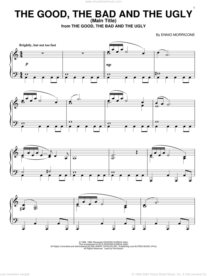 The Good, The Bad And The Ugly (Main Title), (intermediate) sheet music for piano solo by Ennio Morricone, classical score, intermediate skill level