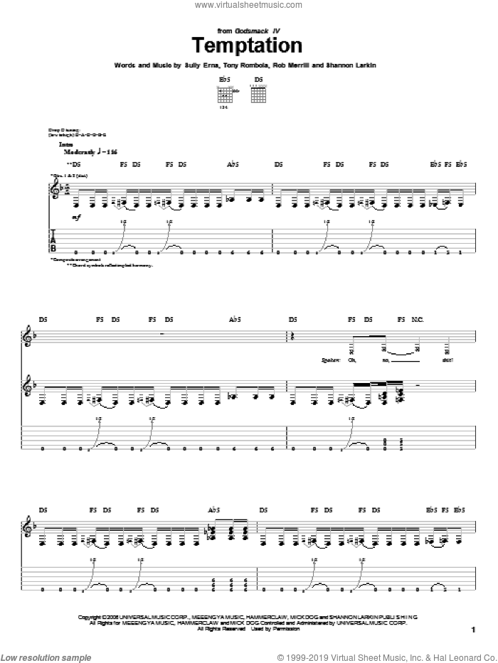 Temptation sheet music for guitar (tablature) by Godsmack, Rob Merrill, Shannon Larkin, Sully Erna and Tony Rombola, intermediate skill level