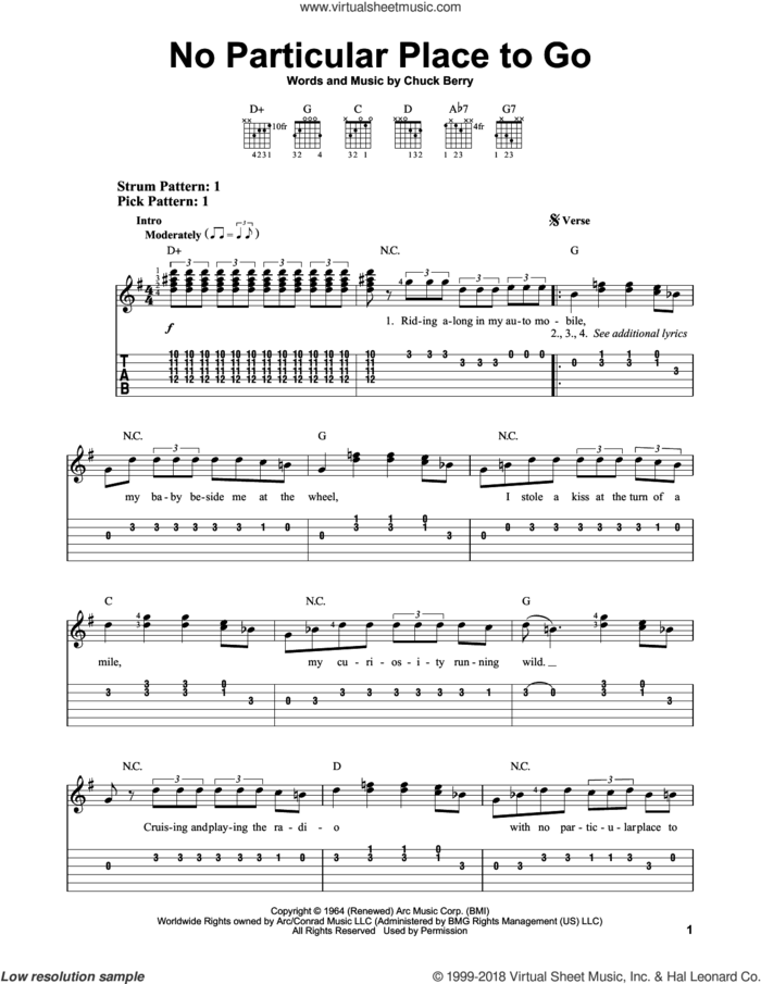 No Particular Place To Go sheet music for guitar solo (easy tablature) by Chuck Berry, easy guitar (easy tablature)